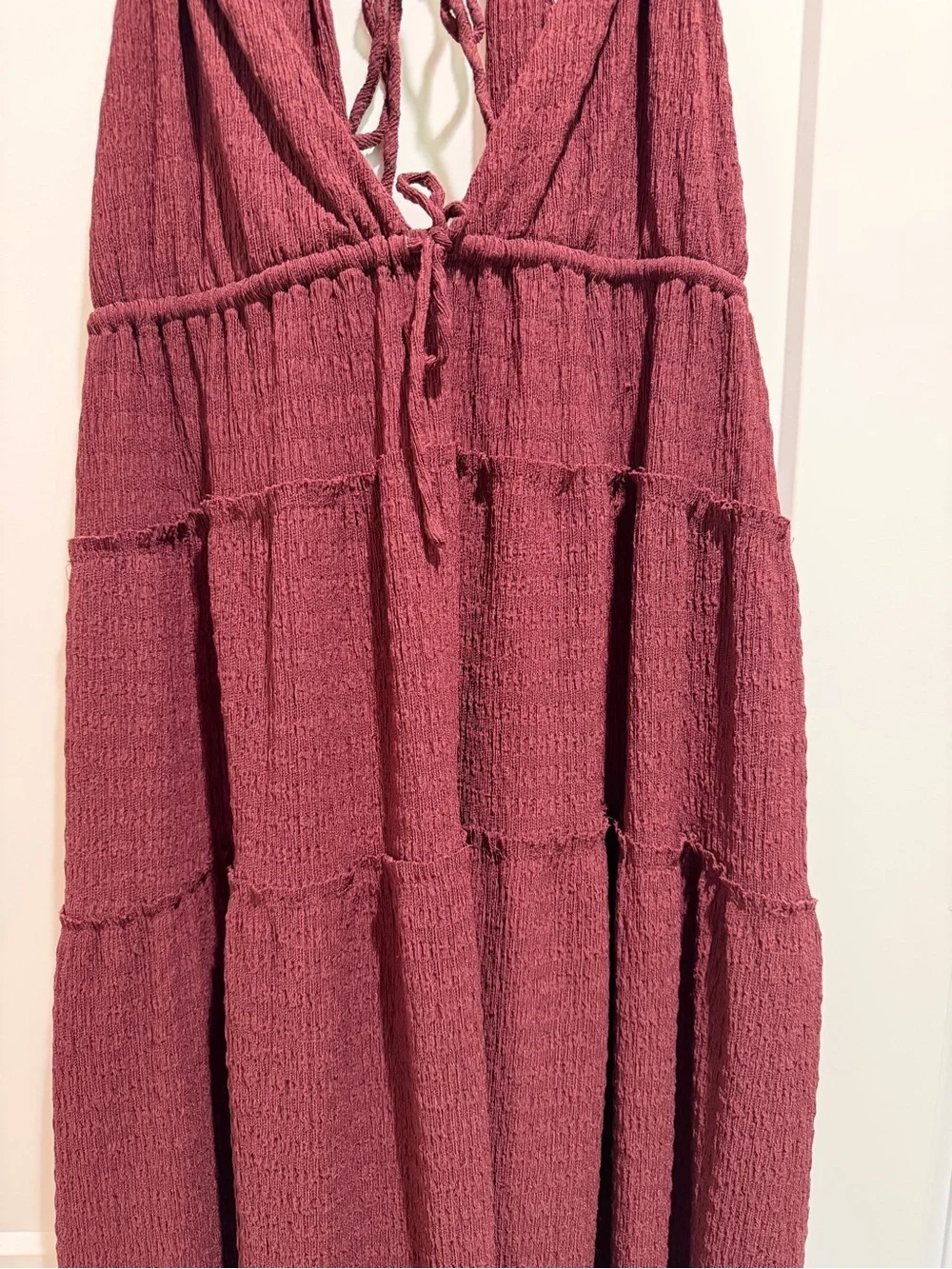 Free People Burgundy Tiered Maxi Dress with Lace-Up Back Size Medium